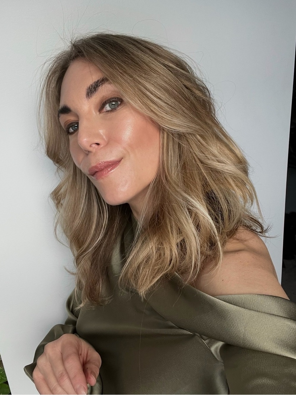 Jonathan Simkhai Olive Green Satin One-Shoulder Draped Blouse
